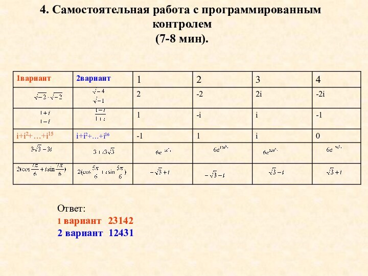 4. Самостоятельная работа с программированным контролем (7-8 мин).Ответ:1 вариант  231422 вариант 12431