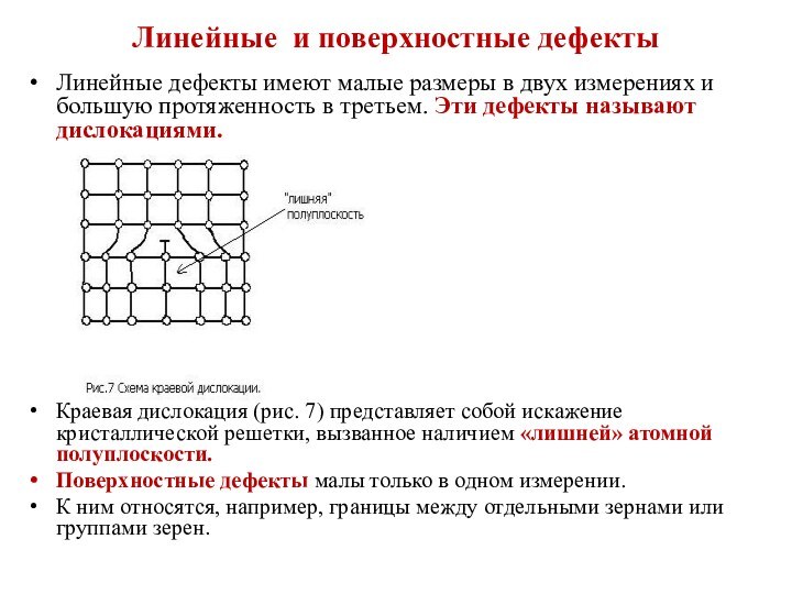 Линейные и поверхностные дефекты Линейные дефекты имеют малые размеры в двух измерениях