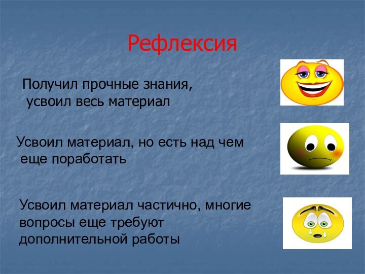 РефлексияПолучил прочные знания, усвоил весь материал Усвоил материал, но есть над чем