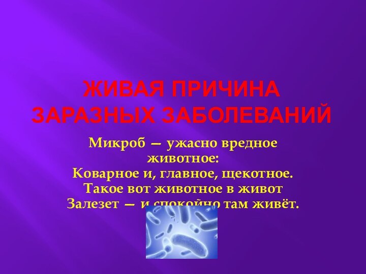 Живая причина заразных заболеванийМикроб — ужасно вредное животное: Коварное и, главное, щекотное.