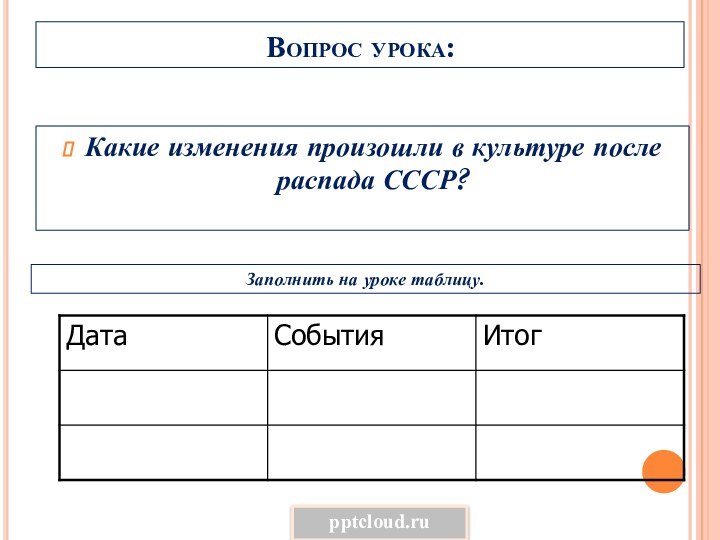 Вопрос урока:Какие изменения произошли в культуре после распада СССР?Заполнить на уроке таблицу.