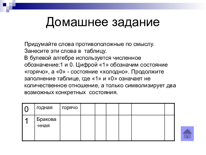 Домашнее заданиеПридумайте слова противоположные по смыслу. Занесите эти слова в таблицу. В