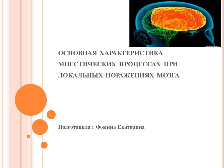 основная характеристика мнестических процессах при локальных поражениях мозгаПодготовила : Фомина Екатерина