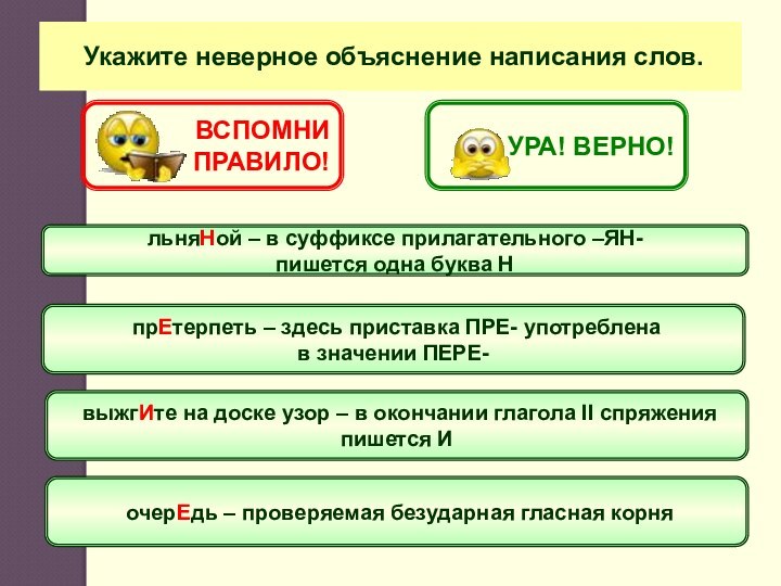 Укажите неверное объяснение написания слов.льняНой – в суффиксе прилагательного –ЯН- пишется