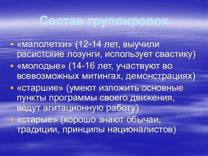 Состав группировок«малолетки» (12-14 лет, выучили расистские лозунги, использует свастику)«молодые» (14-16 лет, участвуют