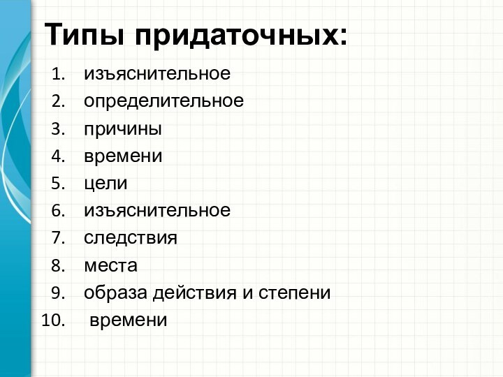 Типы придаточных:изъяснительноеопределительное причины временицелиизъяснительноеследствия местаобраза действия и степени времени