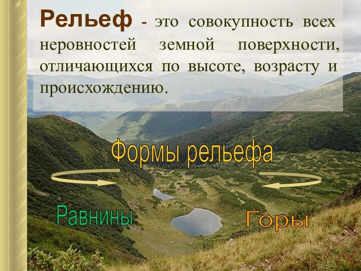 Рельеф - это совокупность всех  неровностей земной поверхности, отличающихся по высоте,