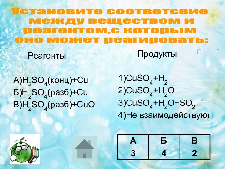 РеагентыА)H2SO4(конц)+CuБ)H2SO4(разб)+CuВ)H2SO4(разб)+CuO    Продукты1)CuSO4+H22)CuSO4+H2O3)CuSO4+H2O+SO24)Не взаимодействуютУстановите соответсвие между веществом