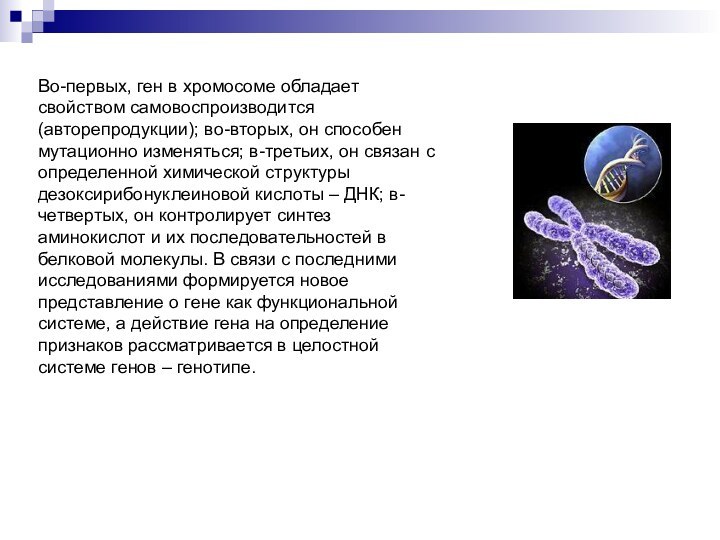 Во-первых, ген в хромосоме обладает свойством самовоспроизводится (авторепродукции); во-вторых, он способен мутационно