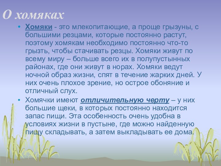 О хомякахХомяки - это млекопитающие, а проще грызуны, с большими резцами, которые