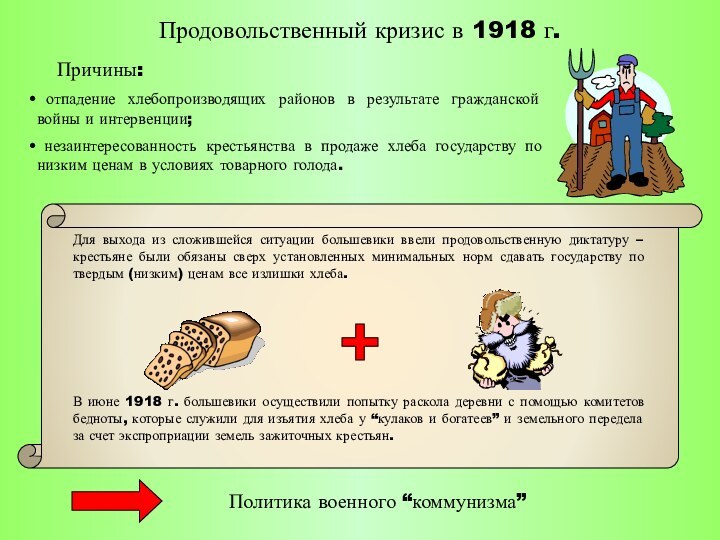 Продовольственный кризис в 1918 г.  Причины: отпадение хлебопроизводящих районов в результате