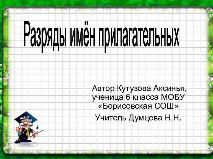 Автор Кутузова Аксинья, ученица 6 класса МОБУ «Борисовская СОШ»Учитель Думцева Н.Н.Разряды имён прилагательных