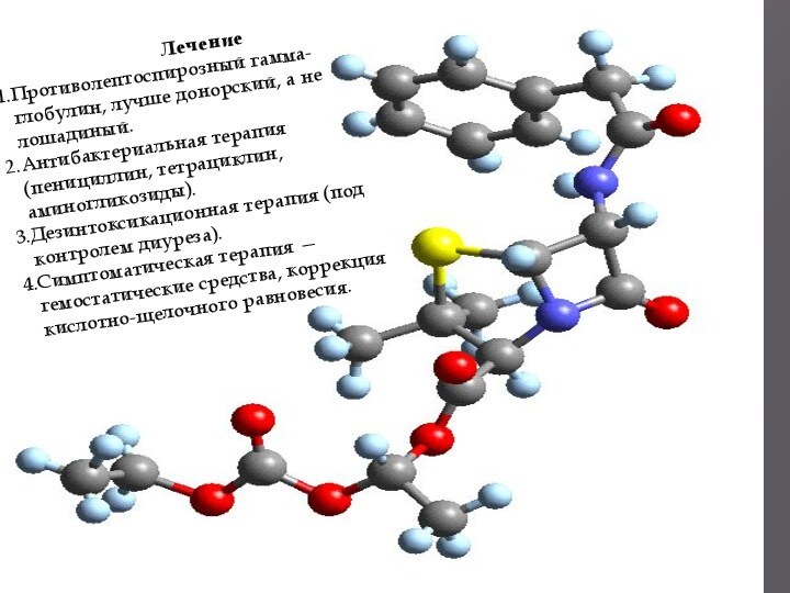 ЛечениеПротиволептоспирозный гамма-глобулин, лучше донорский, а не лошадиный.Антибактериальная терапия (пенициллин, тетрациклин, аминогликозиды).Дезинтоксикационная терапия