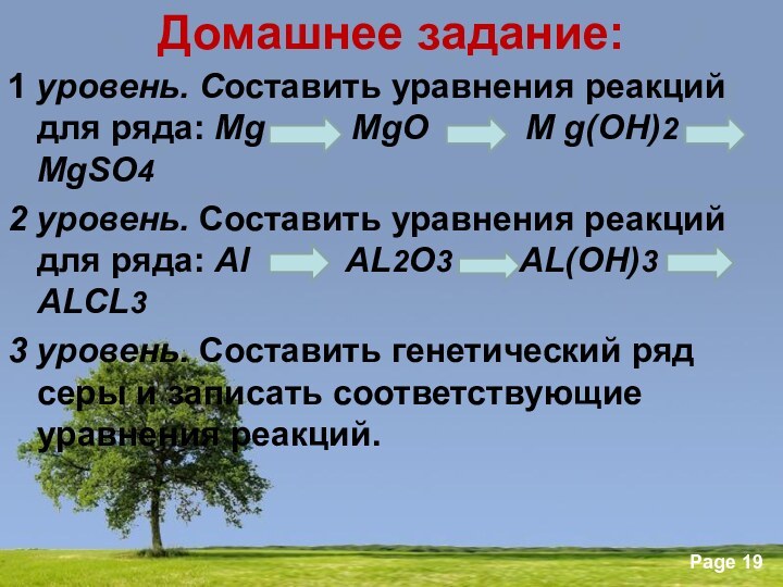 Домашнее задание:1 уровень. Составить уравнения реакций для ряда: Mg