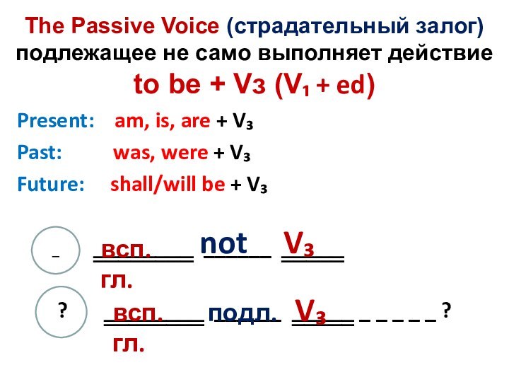 The Passive Voice (страдательный залог) подлежащее не само выполняет