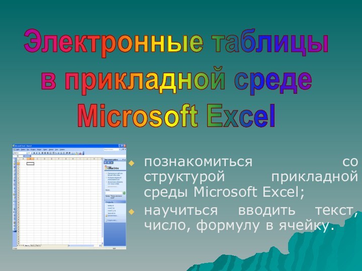 познакомиться со структурой прикладной среды Microsoft Excel; научиться вводить текст, число, формулу