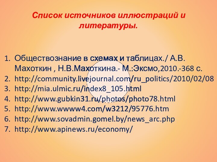 Список источников иллюстраций и литературы.Обществознание в схемах и таблицах./ А.В.Махоткин , Н.В.Махоткина.- М.:Эксмо,2010.-368 с.http://community.livejournal.com/ru_politics/2010/02/08http://mia.ulmic.ru/index8_105.htmlhttp://www.gubkin31.ru/photos/photo78.htmlhttp://www.wwww4.com/w3212/95776.htmhttp://www.sovadmin.gomel.by/news_arc.phphttp://www.apinews.ru/economy/