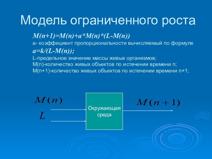 Модель ограниченного роста M(n+1)=M(n)+a*M(n)*(L-M(n)) a- коэффициент пропорциональности вычисляемый по формуле a=k/(L-M(n)); L-предельное