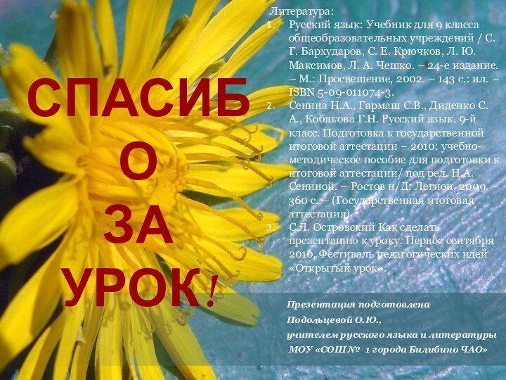 СПАСИБО ЗА УРОК!Презентация подготовлена Подольцевой О.Ю., учителем русского языка и литературы МОУ