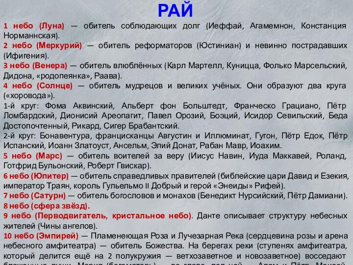 РАЙ 1 небо (Луна) — обитель соблюдающих долг (Иеффай, Агамемнон, Констанция Норманнская).