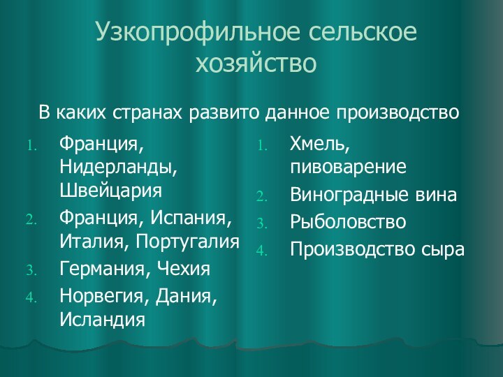 Узкопрофильное сельское хозяйствоФранция, Нидерланды, ШвейцарияФранция, Испания, Италия, ПортугалияГермания, ЧехияНорвегия, Дания, ИсландияХмель, пивоварениеВиноградные