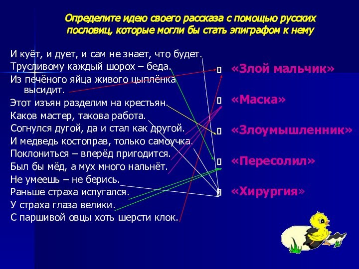 Определите идею своего рассказа с помощью русских пословиц, которые могли бы стать