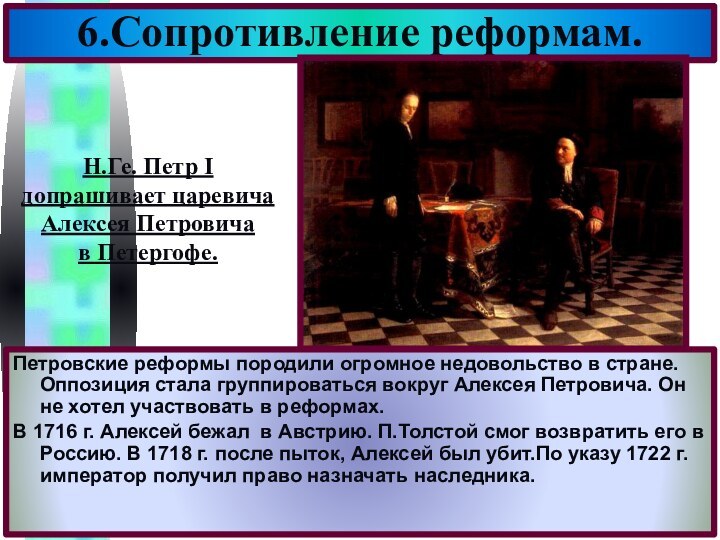 6.Сопротивление реформам.Петровские реформы породили огромное недовольство в стране.Оппозиция стала группироваться вокруг Алексея