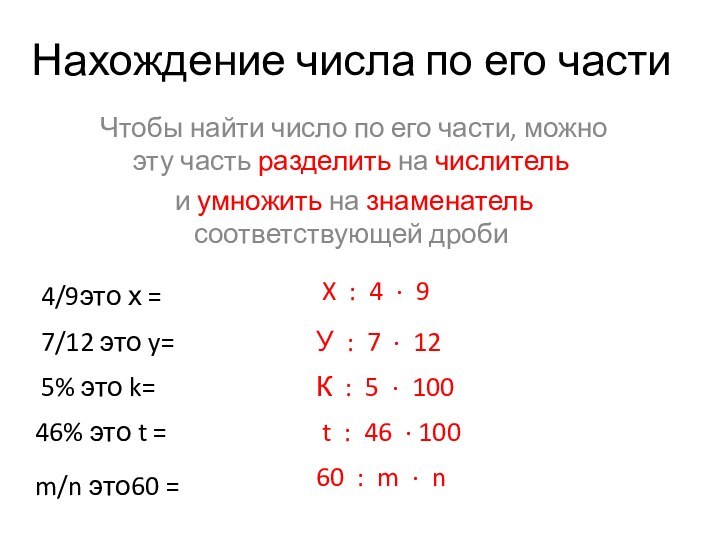 Нахождение числа по его частиЧтобы найти число по его части, можно эту