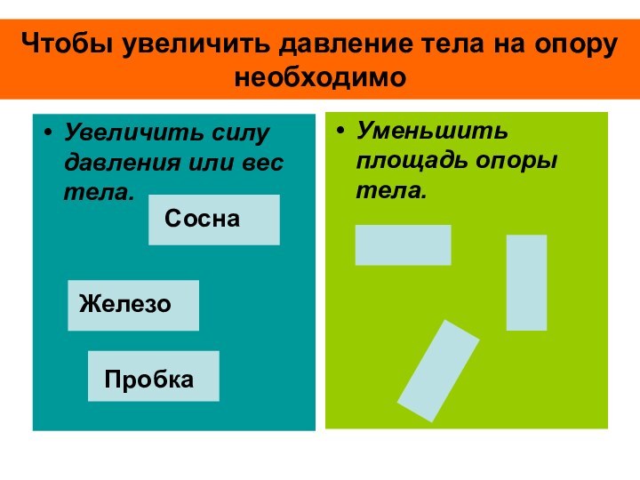 Чтобы увеличить давление тела на опору необходимоУвеличить силу давления или вес тела.Уменьшить площадь опоры тела.СоснаЖелезоПробка