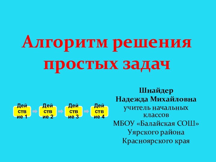 Алгоритм решения простых задачШнайдер Надежда Михайловнаучитель начальных классовМБОУ «Балайская СОШ»Уярского районаКрасноярского края