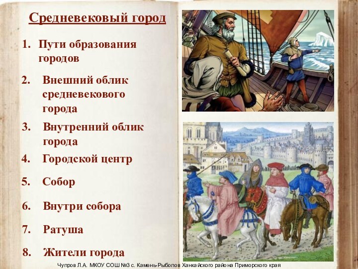 Средневековый городПути образования городовВнешний облик средневекового городаВнутренний облик городаГородской центрСоборВнутри собораРатушаЖители городаЧупров