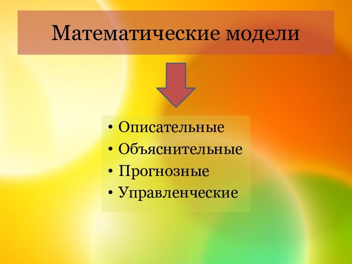 Математические моделиОписательные ОбъяснительныеПрогнозныеУправленческие