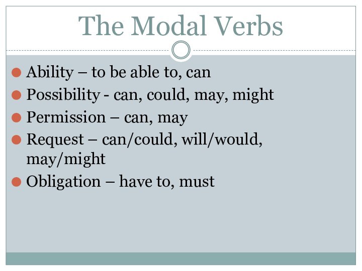 The Modal VerbsAbility – to be able to, canPossibility - can, could,