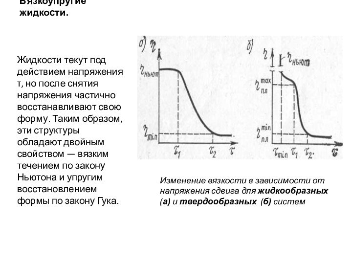 Вязкоупругие жидкости.Жидкости текут под действием напряжения τ, но после снятия напряжения частично