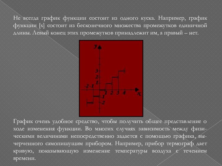 Не всегда график функции состоит из одного куска. Например, график функции [x]