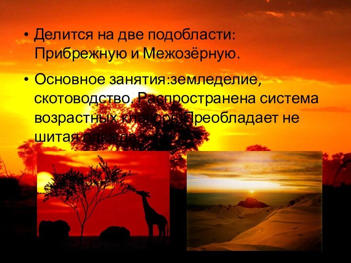 Делится на две подобласти: Прибрежную и Межозёрную.Основное занятия:земледелие, скотоводство. Распространена система возрастных классов.Преобладает не шитая одежда.