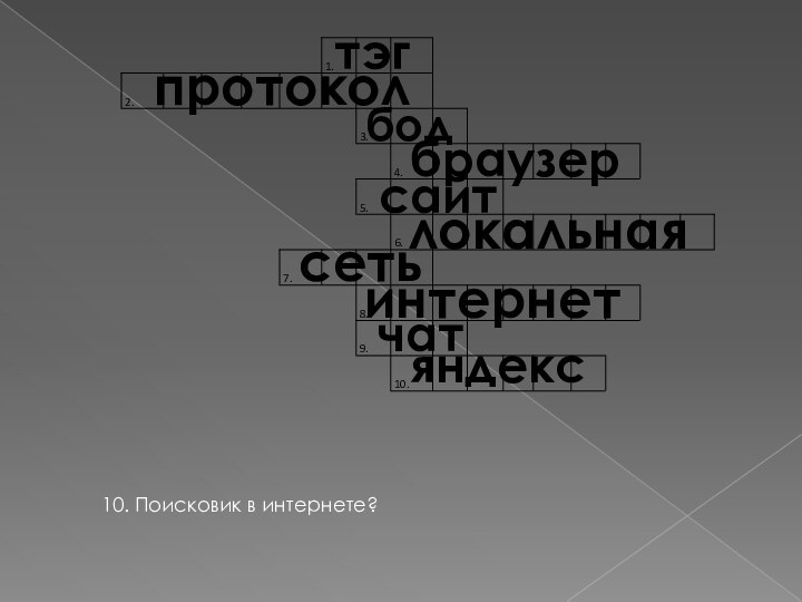 10. Поисковик в интернете?тэгпротоколбодбраузерсайтлокальнаясетьинтернетчатяндекс