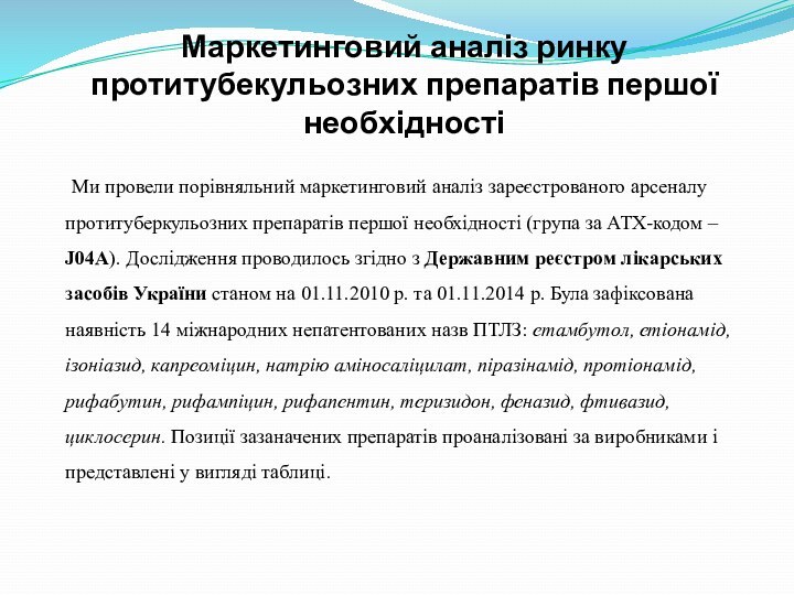 Маркетинговий аналіз ринку протитубекульозних препаратів першої необхідності