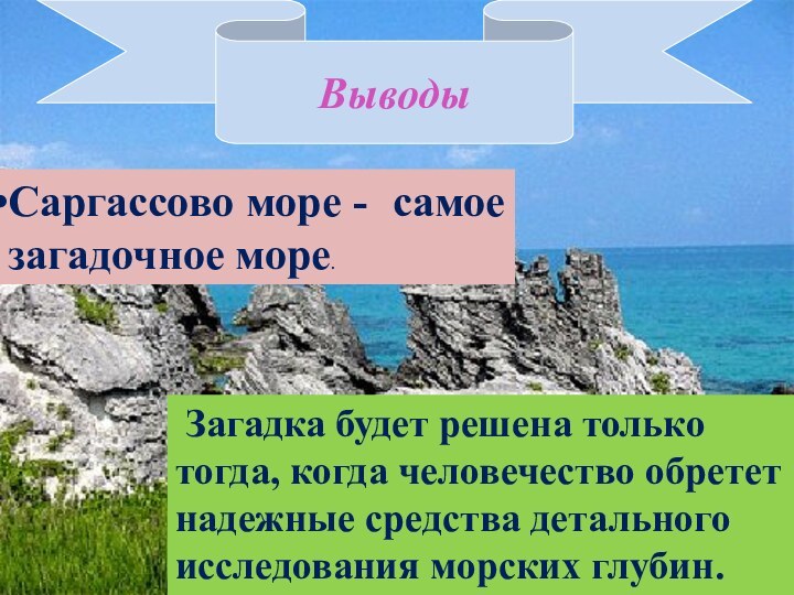 ВыводыСаргассово море - самое загадочное море. Загадка будет решена только тогда, когда