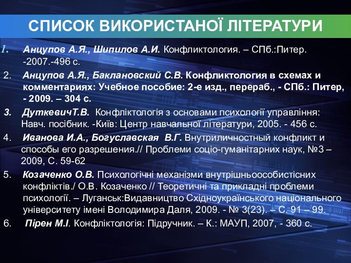 СПИСОК ВИКОРИСТАНОЇ ЛІТЕРАТУРИАнцупов А.Я., Шипилов А.И. Конфликтология. – СПб.:Питер. -2007.-496 с.2.