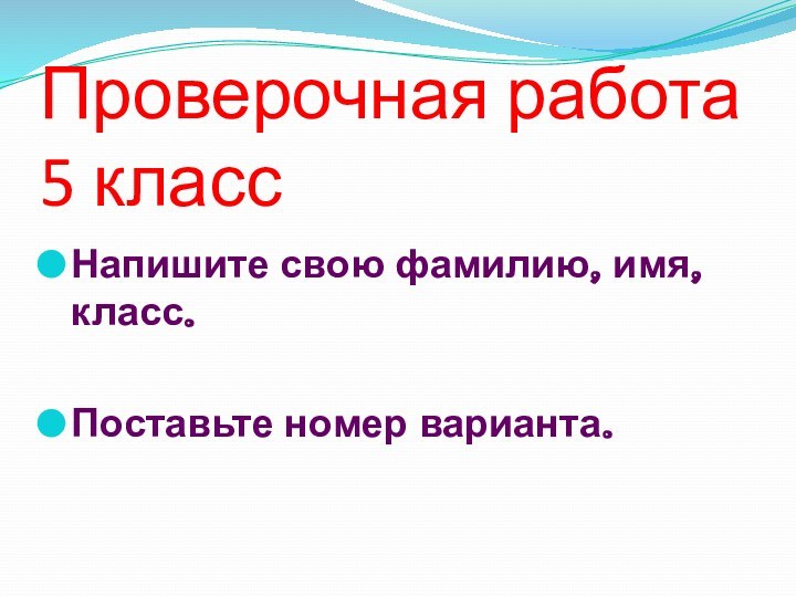 Проверочная работа 5 классНапишите свою фамилию, имя, класс.Поставьте номер варианта.