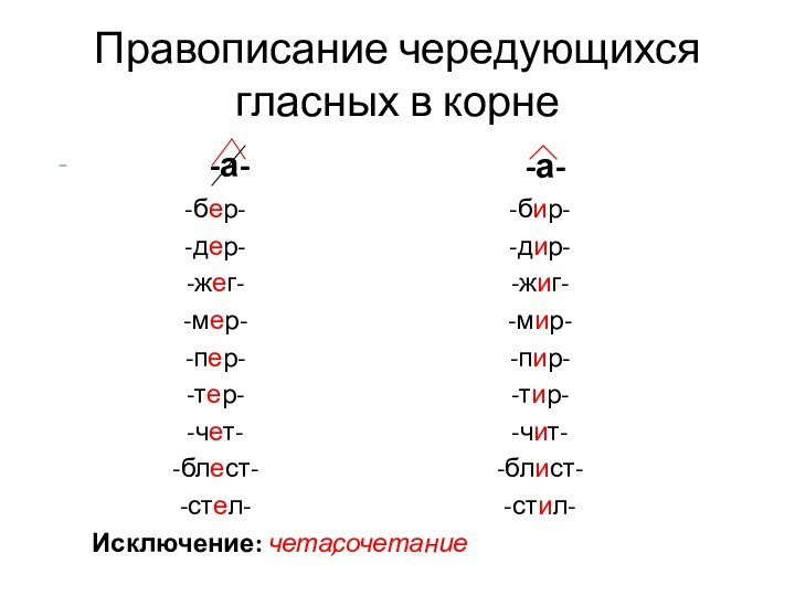 Правописание чередующихся гласных в корне -а--бер--дер--жег--мер--пер--тер--чет--блест--стел-Исключение: чета,