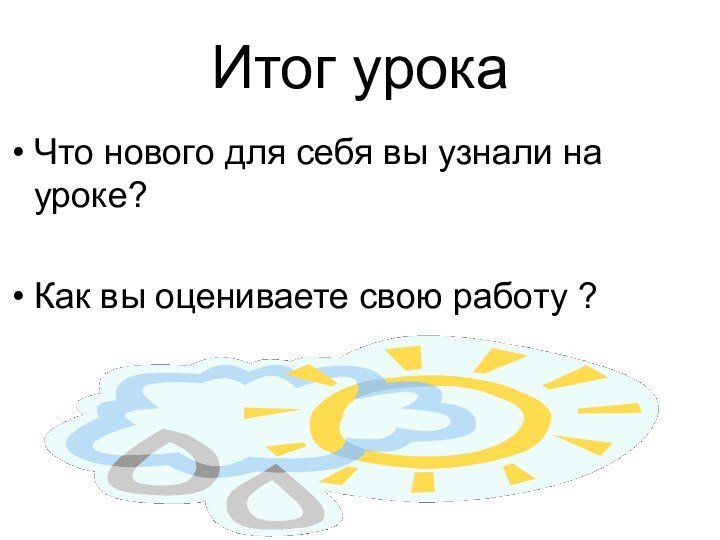 Итог урокаЧто нового для себя вы узнали на уроке?Как вы оцениваете свою работу ?