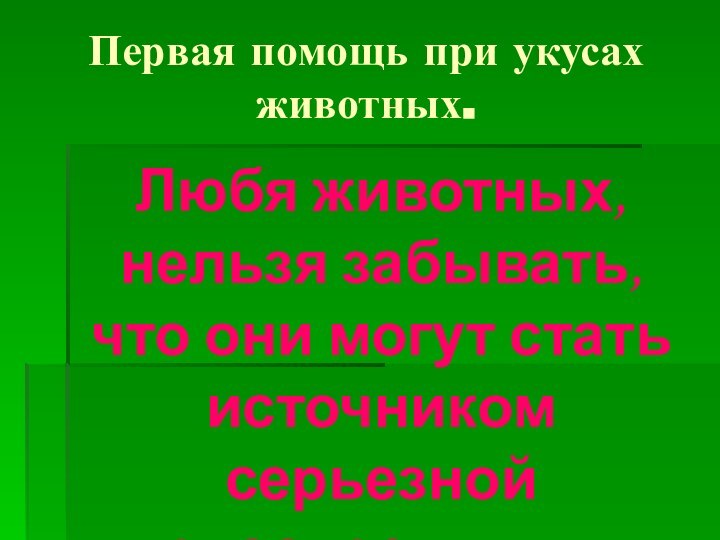 Первая помощь при укусах животных.Любя животных, нельзя забывать, что они могут стать