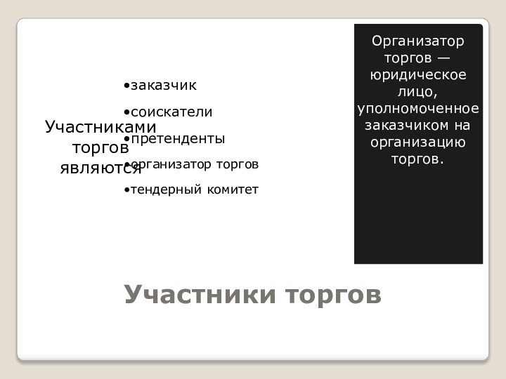 Участники торговОрганизатор торгов — юридическое лицо, уполномоченное заказчиком на организацию торгов.Участниками торгов являются