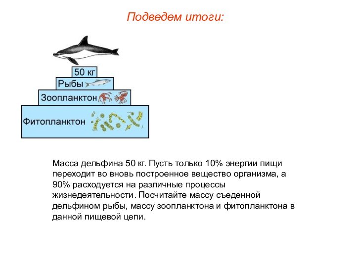 Масса дельфина 50 кг. Пусть только 10% энергии пищи переходит во вновь