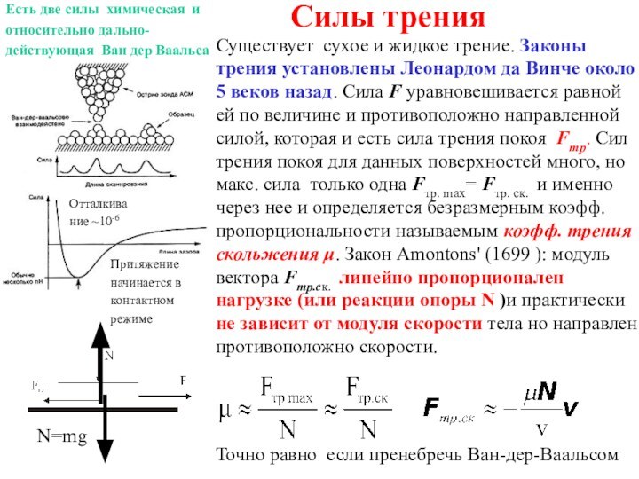 Силы трения Существует сухое и жидкое трение. Законы трения установлены Леонардом да