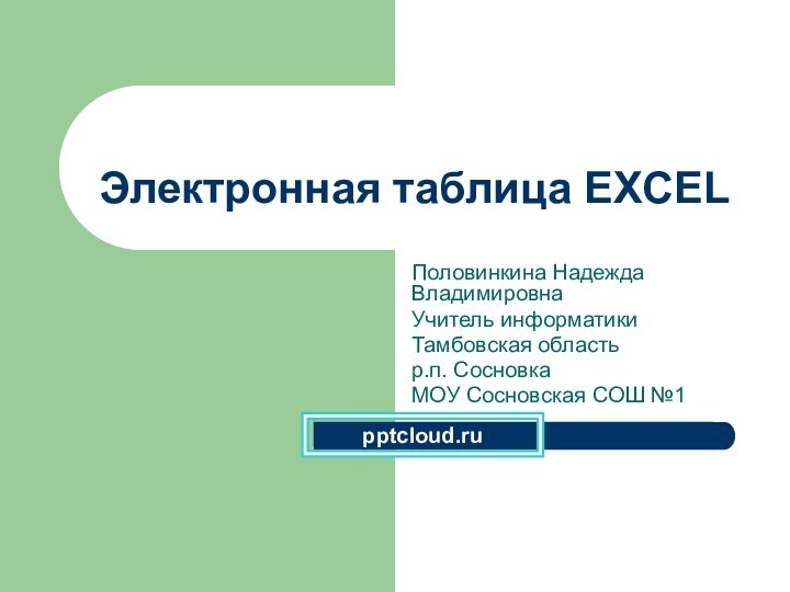 Электронная таблица EXCELПоловинкина Надежда ВладимировнаУчитель информатикиТамбовская областьр.п. СосновкаМОУ Сосновская СОШ №1