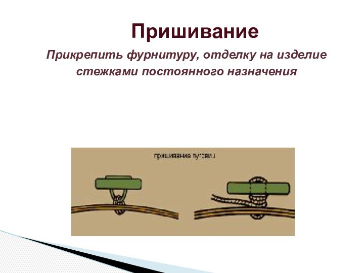 ПришиваниеПрикрепить фурнитуру, отделку на изделие стежками постоянного назначения