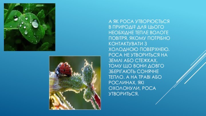 А як роса утворюється в природі? Для цього необхідне тепле вологе повітря,